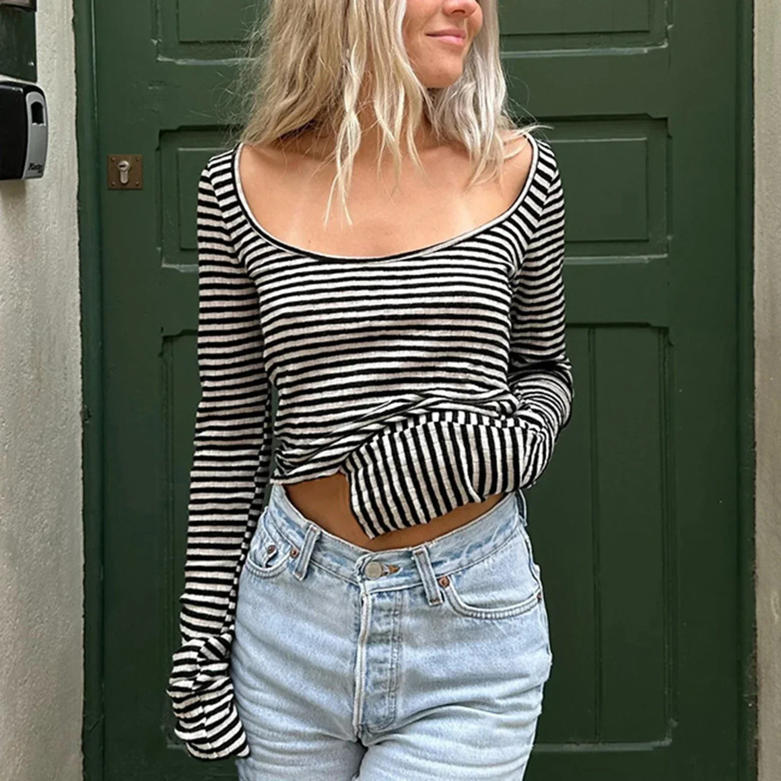 Women T-shirt Long Sleeve Scoop Neck Fall Striped Tops Slim Fit Ladies Streetwear