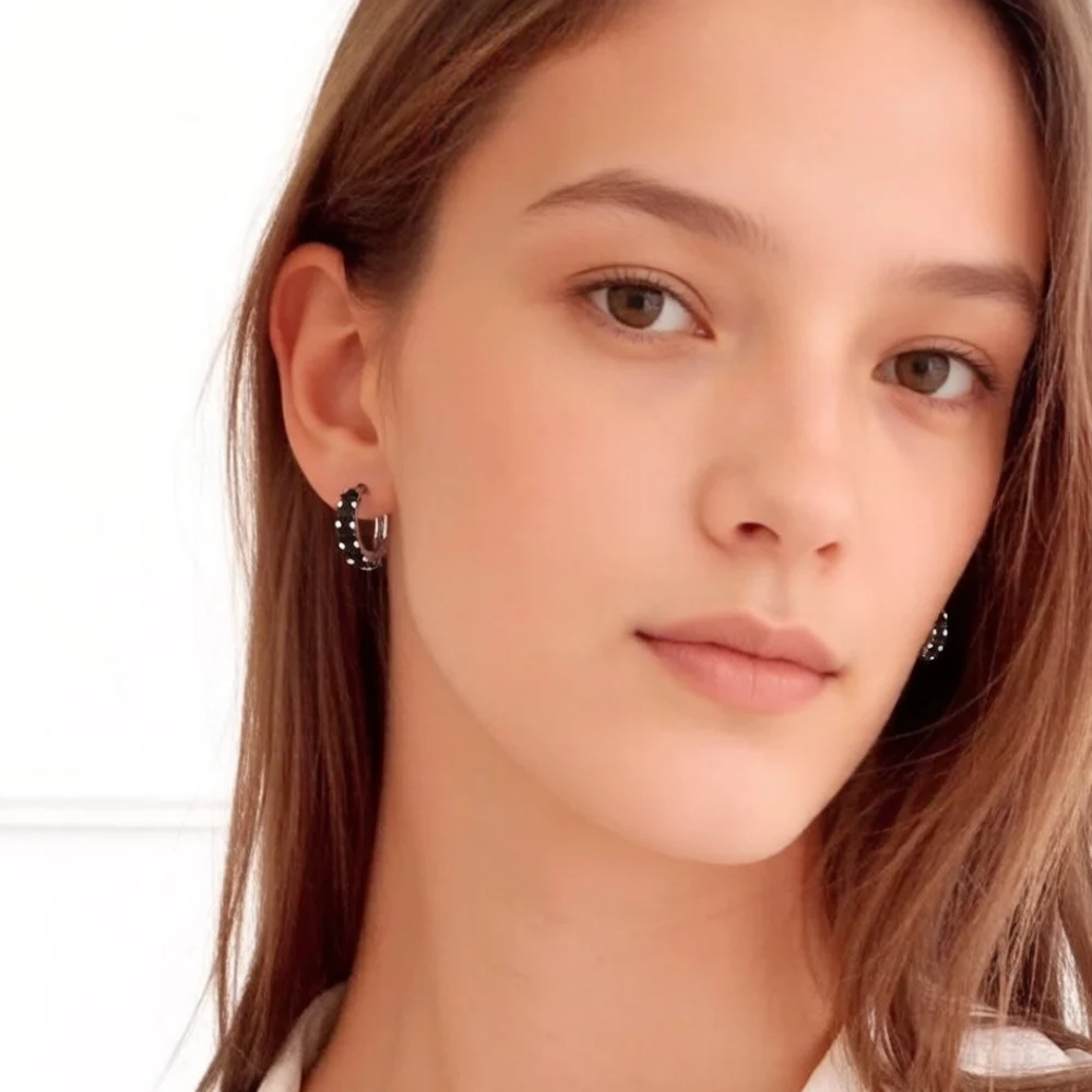 Creole Black CZ Hinged Hoop Earrings Gift In 925 Sterling Silver Europe Style Glam Trendy Fine Jewerly For Women