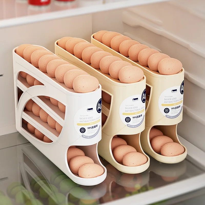 Automatic Rolling Egg Holder Egg Organizer Space-Saving Fridge Storage Box Container Kitchen Egg Dispenser 4tier Organizer Racks