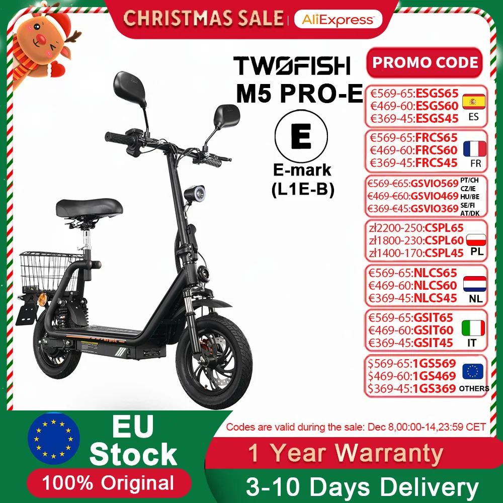 Scooter elettrico con approvazione stradale in UE (ECE), scooter elettrico da 12 pollici per adulti, batteria da 13 Ah, carico di 120 kg, freni a disco per il traffico cittadino