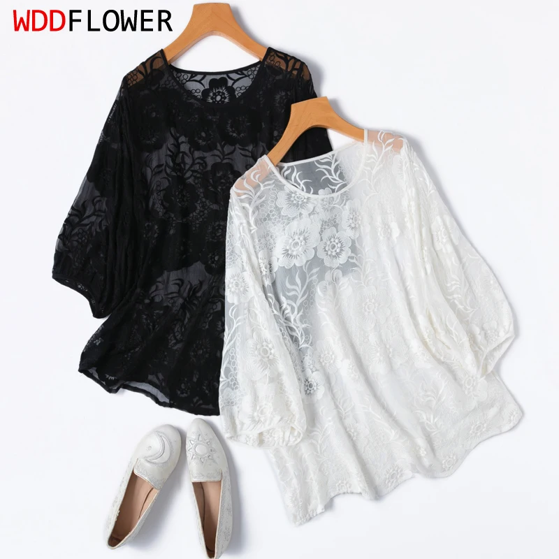 Women Silk Blouse 100% Mulberry Silk Embroidery Thin Transparent White Black O Neck 3/4 Sleeve Shirt Top Pullover L XL M1153