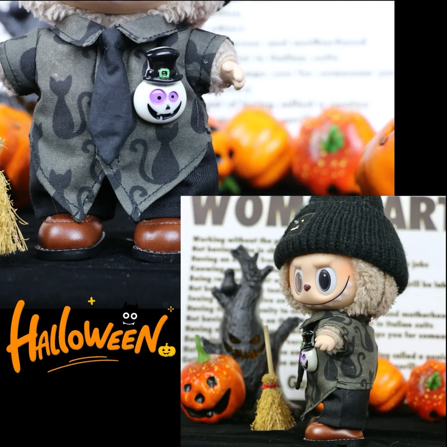 17 سنتيمتر دمى الملابس ل Labubu الزي اكسسوارات الجلوس حفلة الهالوين خدعة أو علاج سلسلة ملحق قميص القط الأسود #2