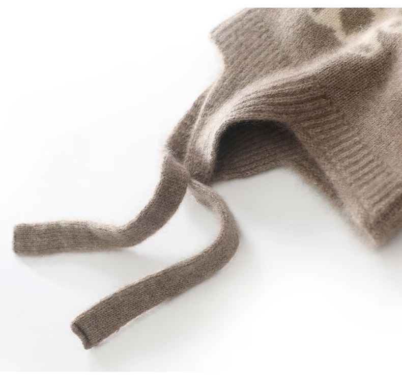 Kinder-Strickmütze aus 100% Kaschmir für Herbst und Winter, warme Wollmütze mit Bommel, Ohrenschutz und niedlichem Jacquard-Bärendesign. – Detail 10