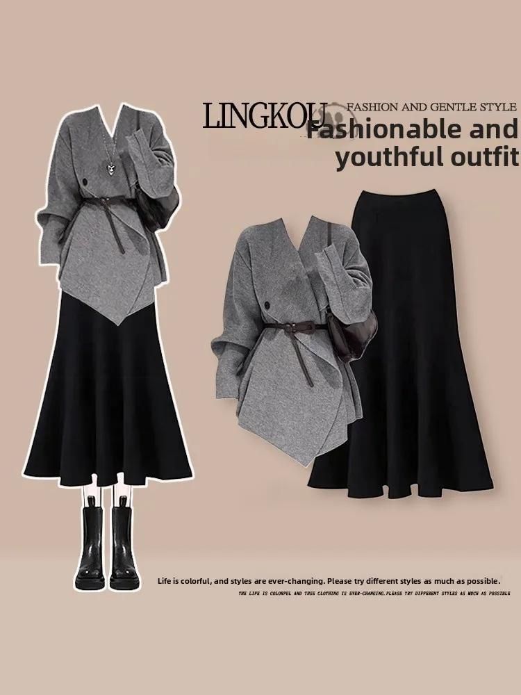 

Корейский осенний комплект больших размеров для женщин: юбка-рыбка с эффектом похудения и топ, повседневный костюм из двух предметов с высокой талией, молодежный дизайн