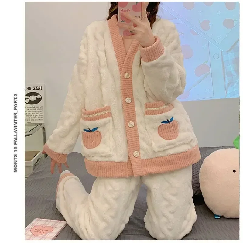 Winter Sweet Strawberry Autumn Kawaii Sets Flannel Pyjamas Sleepwear Long Warm Velvet Sleeve Coral Women Soft Women's Thick