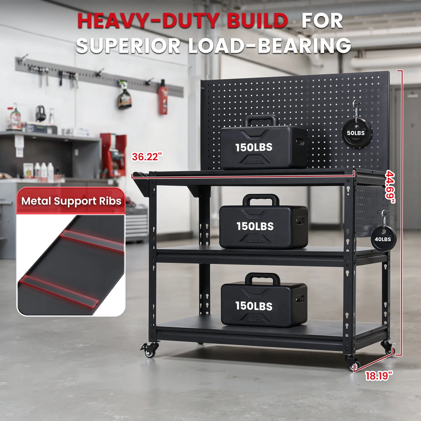 Workbench with Dual Pegboards 3-Tier Adjustable Rolling Work Table Heavy Duty Metal Tool Bench with Push Handle & Wheels