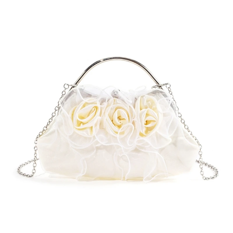 Women Evening Bag Chain Strap Shoulder Crossbody Bag Flower Evening Clutch Bag Bride Satins Purse and Handbag for Party