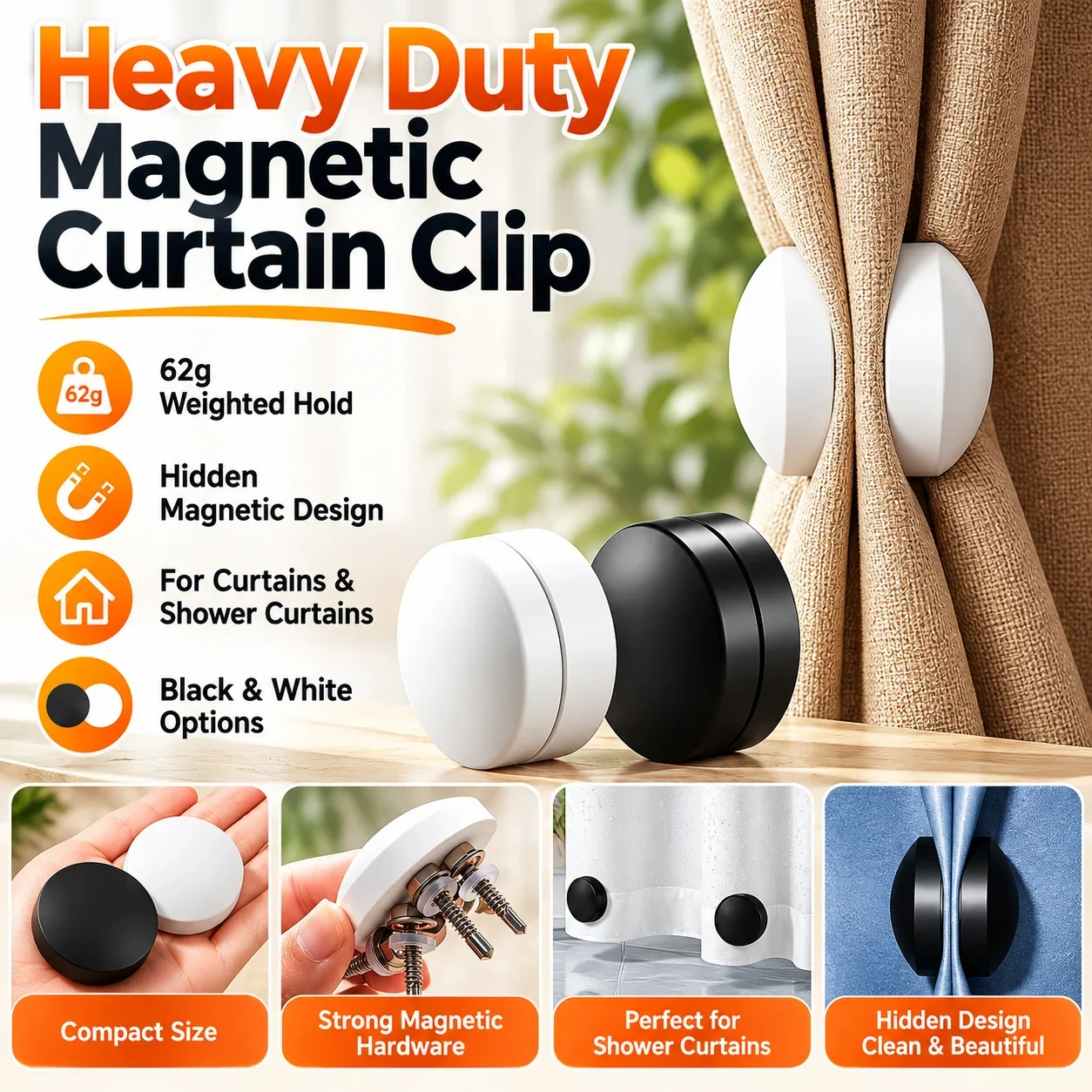 Waterproof Rustproof Silicone Magnetic Shower Curtain Clips, Windproof Weighted Magnets for Shower Curtains, Black White