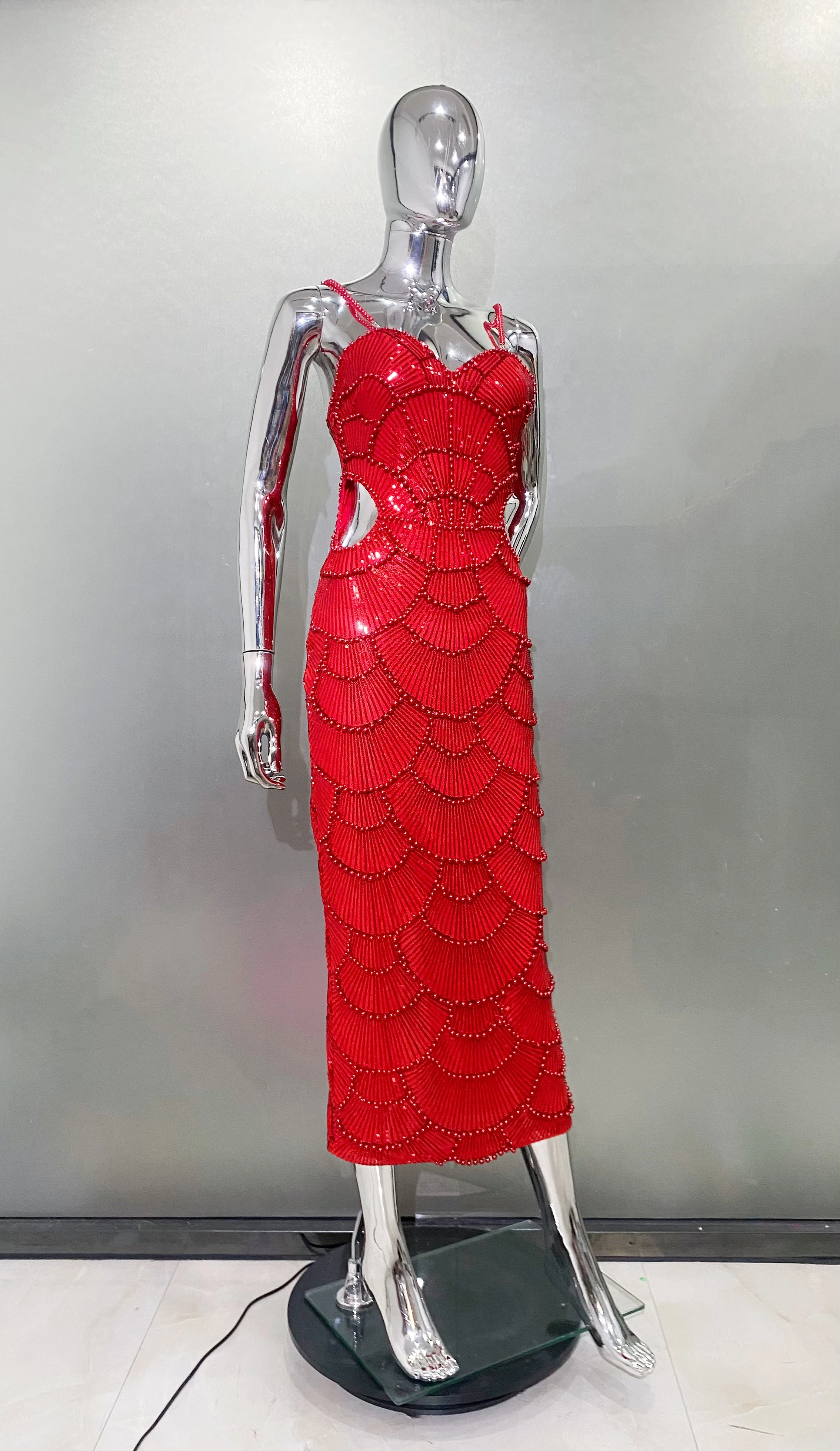 New Red Color Women Sexy Strap Shinning Beading Sequins Bodycon Long Dress Celebrate Evening Party Cocktail Dress Wholesale