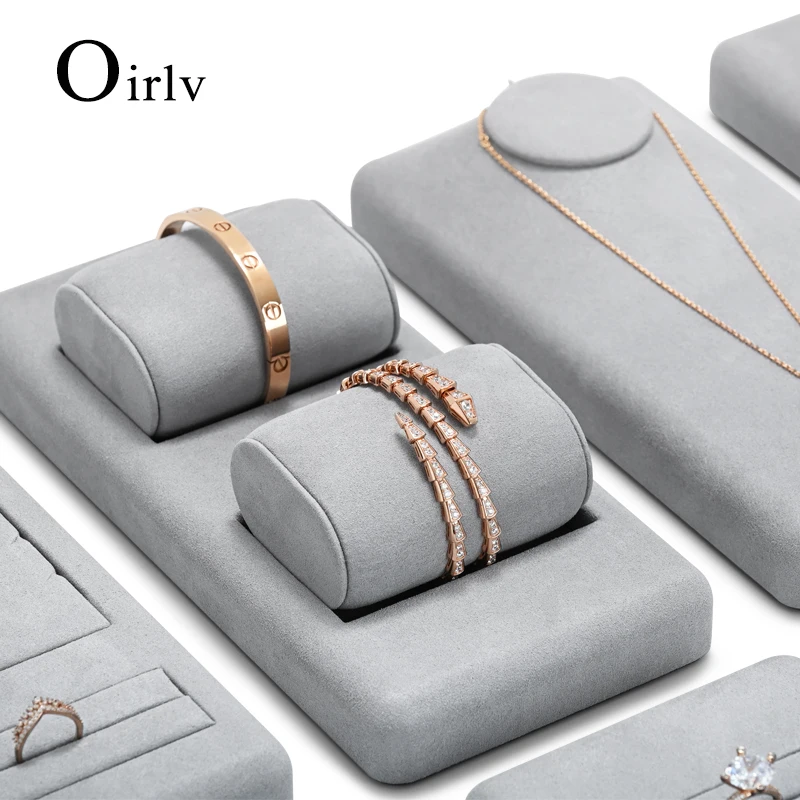 Oirlv Light Grey Microfiber Jewelry Display Set for Earring Ring Necklace Bangle Shop Trays Counter Jewelry Display Props