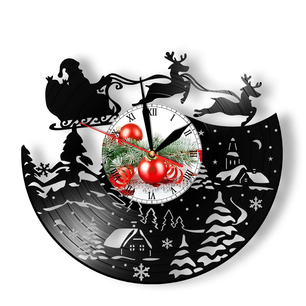 Santa Sleigh Ride Vinyl Record Wall Clock Flying Reindeer Christmas Home Decor Watch Santa Over Village Carved Music Album Clock