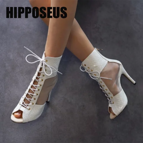 Women white Dance Boots mesh Jazz Latin Dance shoes Shining Dancing shoes Sexy Thin Heels Ladies Dance Shoes Fashion Boots