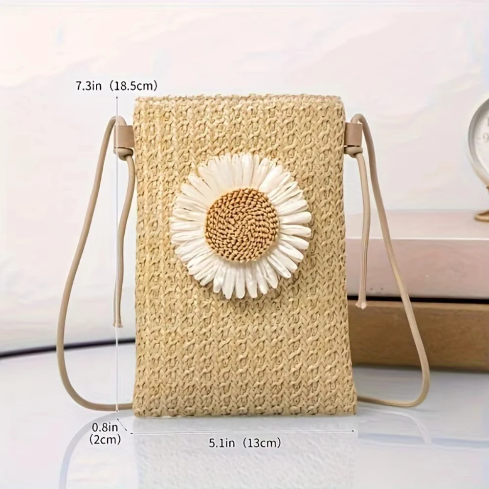 Outdoor Shoulder Bag Stylish Grass Woven Crossbody Bag Small Phone Bag Fashionable Floral Braided Handbag For Shopping Casual
