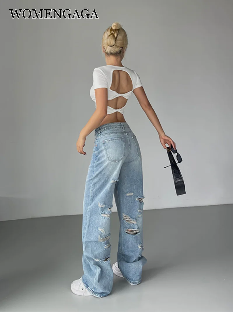 

High WOMENGAGA Women Waist Straight Leg Pants With Jeans Hole Fashion Women Trousers Wide Leg Pants Denim Women 9DZD