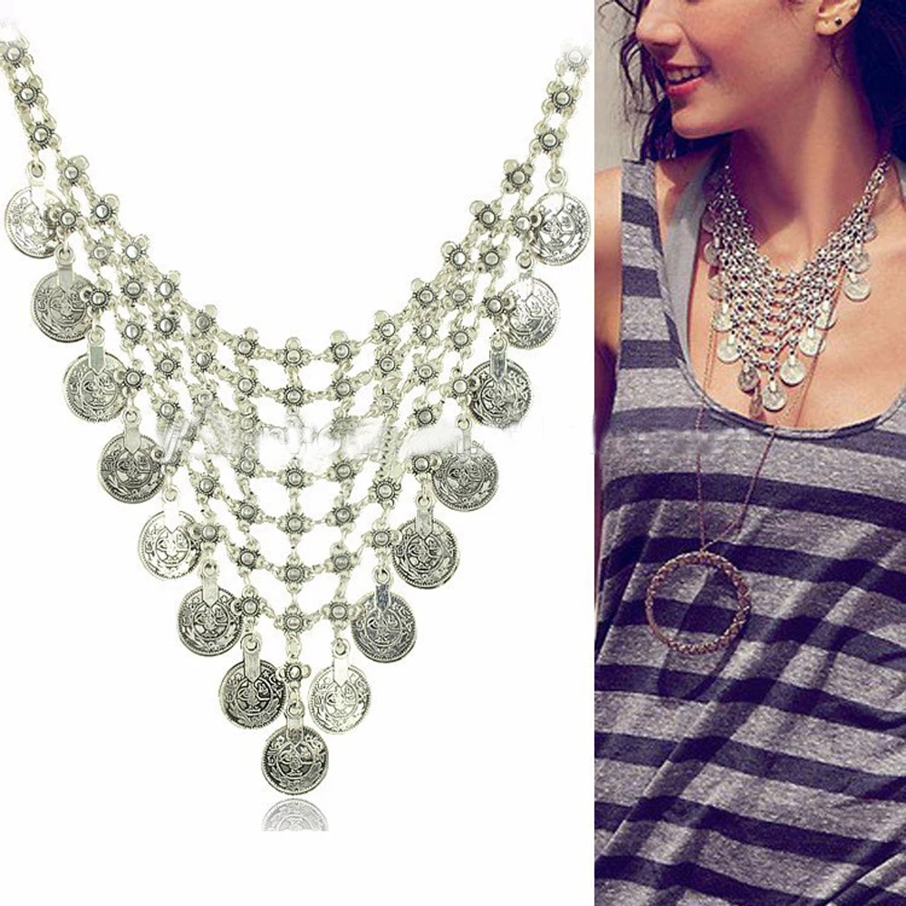Bohemian Coin Tassel Pendant Choker Ethnic Necklace For Women  Vintage Gypsy Tribal Beach Bib Collar Afghan Statement Jewelry