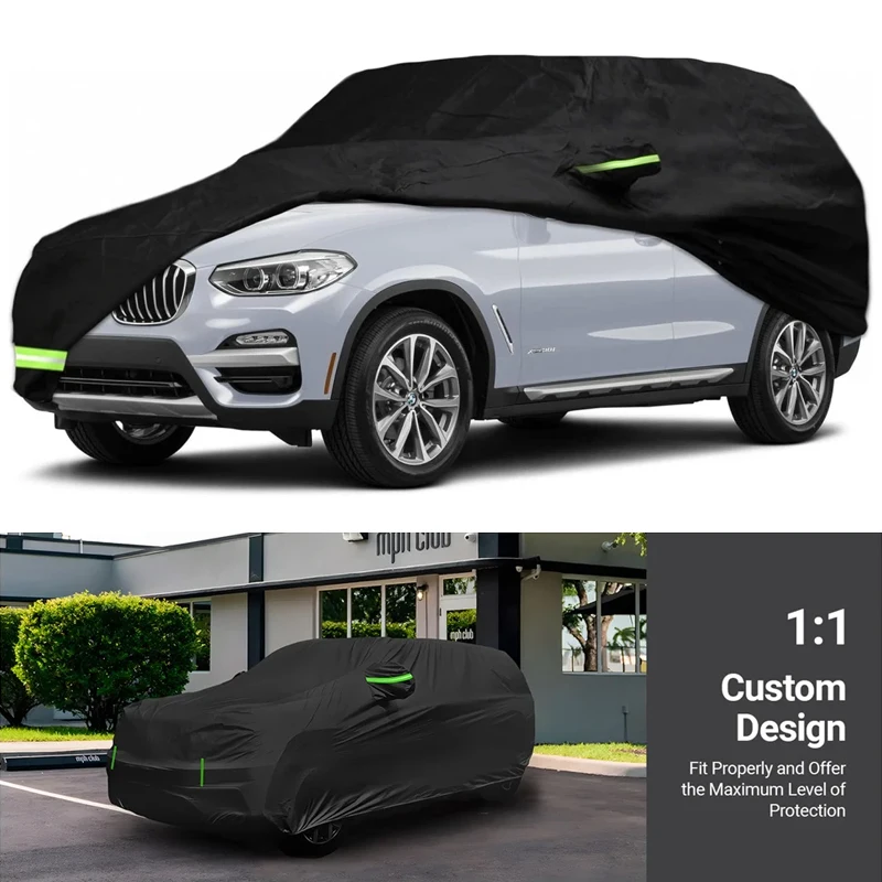 

Waterproof 210T Car Covers For BMW X3/X3M 2011-2021 with Windproof Strap & Single Door Zipper for Snow Rain Dust Hail Protection