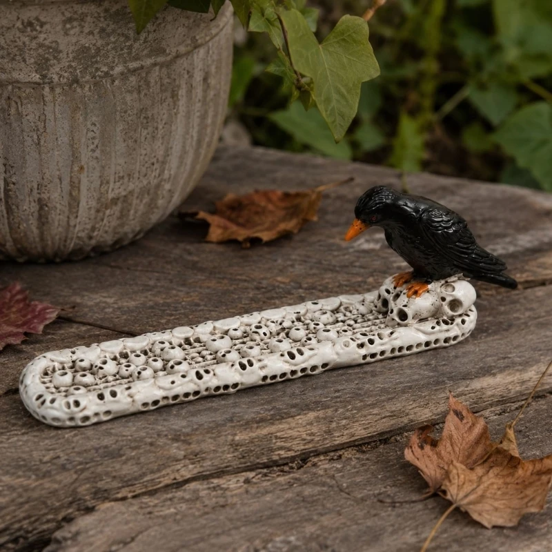 Gothic Crow Incenses Holder Resin Ashes Catching Tray, Skull Tabletop Decors for Indoor Shelves, Altars, Halloween D2RD