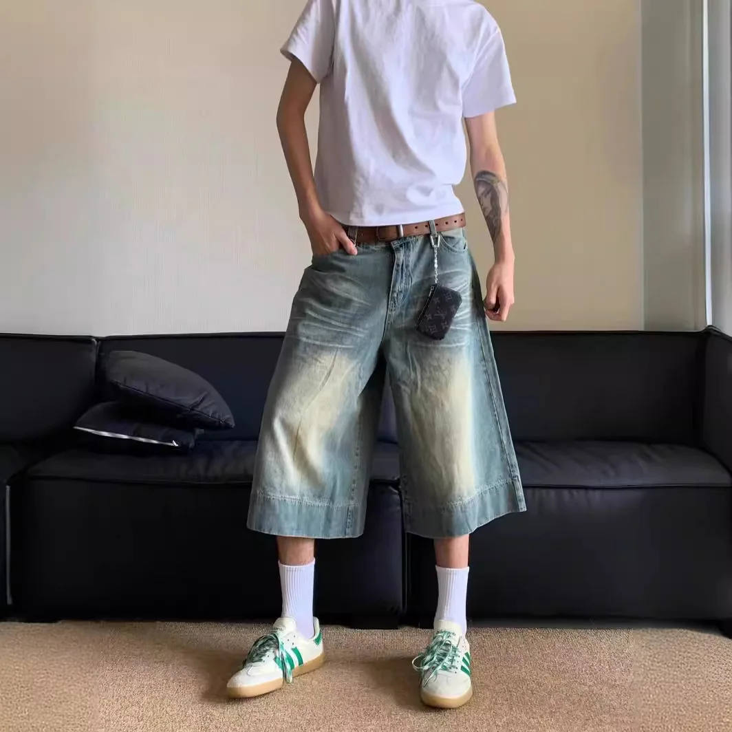 Korean Fashion Summer Wide Leg Denim Shorts Pants for Men High Street Harajuku Baggy Men's Jeans Y2k Hip Hop Streetwear Men