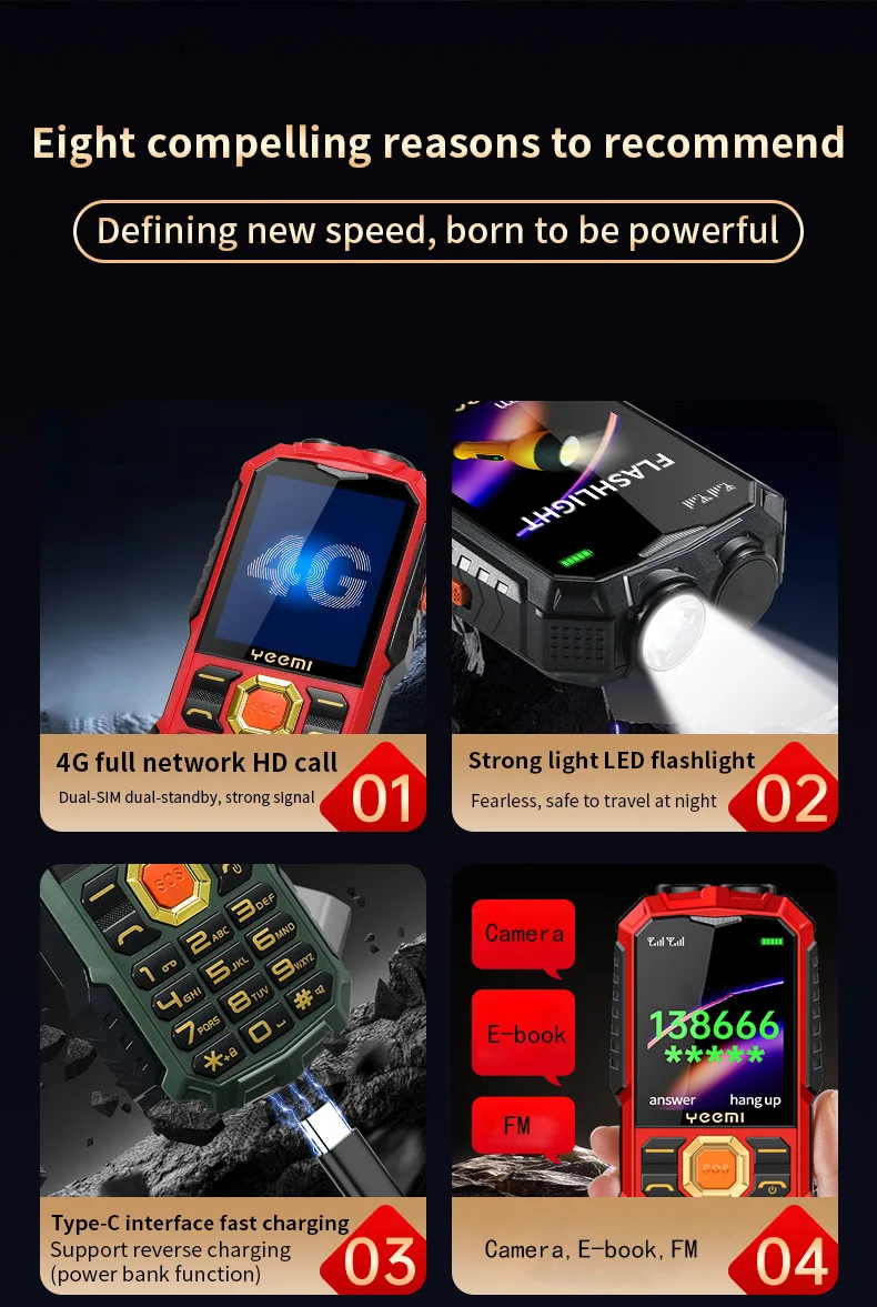 YEEMI Q5 LTE 4G Mobile Phone 2.4'' Screen 3000mAh Dual SIM HD Call Camera FM Double LED Flashlight Type-C Outdoor Button Phone