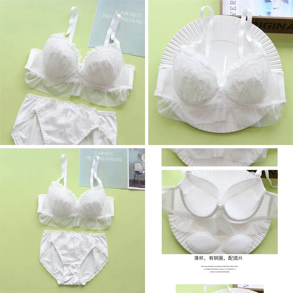 Sweet White Lingerie Bralette, Water-Soluble Embroidery Film Cup, No Steel Ring, Fresh & Girly Cute Gather Underwire