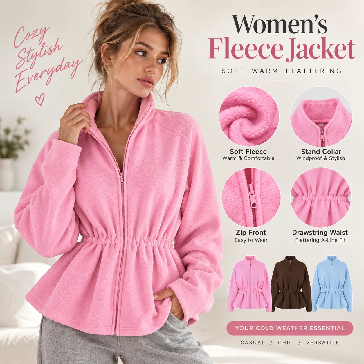 Women Fleece Jacket Zip Up Stand Collar Drawstring Waist Peplum Coat Long Sleeve Casual Autumn Winter Outerwear