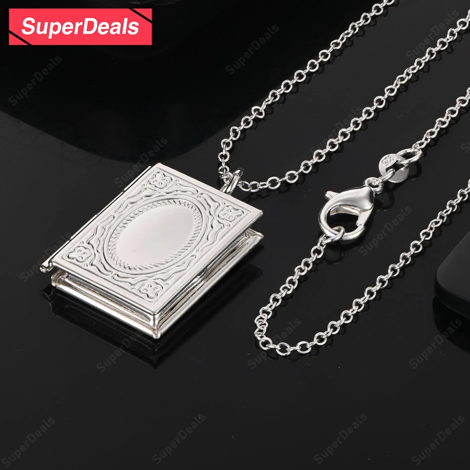 

SuperDeals стерлингового серебра 925 пробы прямоугольная фоторамка кулон ожерелье день рождения модные очаровательные ювелирные изделия 16-30 дюймов цепочка