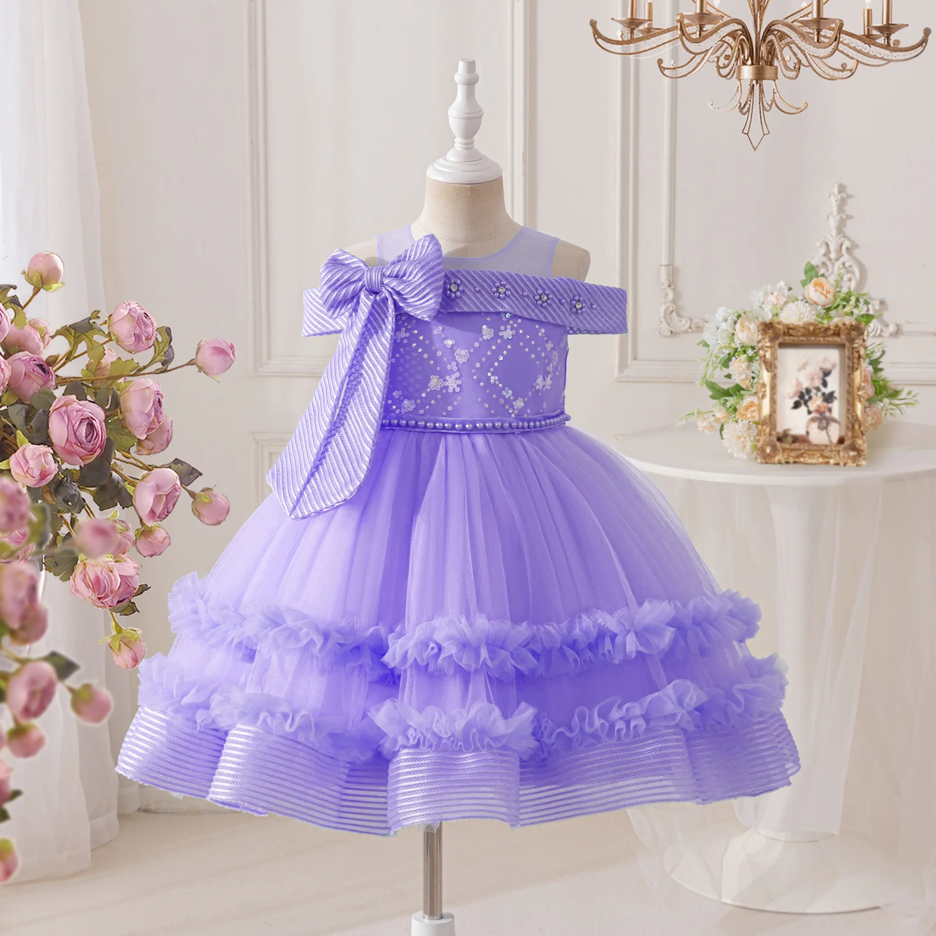 Off-shoulder Evening Girls Party Dresses Kids Elegant Ball Gown Fashion Sequin Bowknot Girl Princess Dress Birthday Outfits