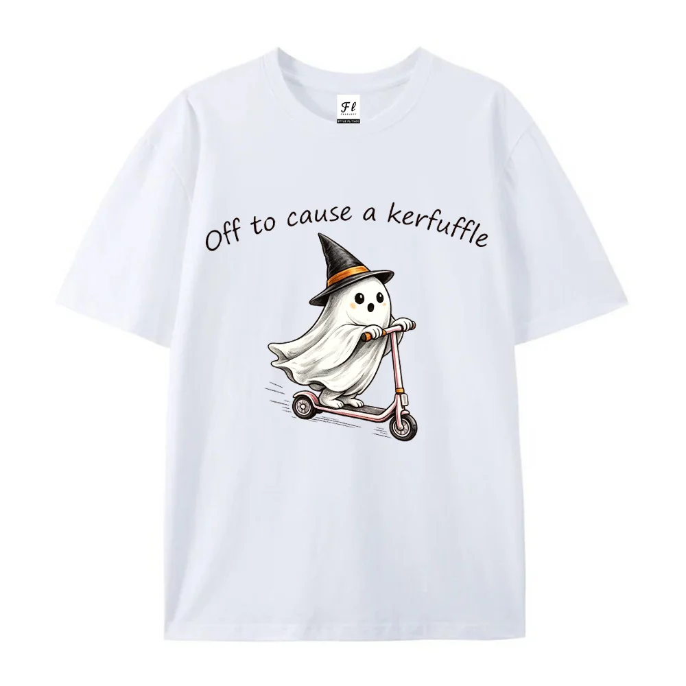 Women T Shirt Halloween Cute Ghost Graphic Tees Short Sleeve Off To Cause A Kerfuffle Letter Print Cotton Loose Vintage Tops
