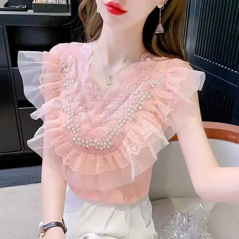 

Women top Women's Vest Woman Clothing Summer new Beautiful Fashion Heavy Industry Beaded Sleeveless Sweater Vest Ruffled top