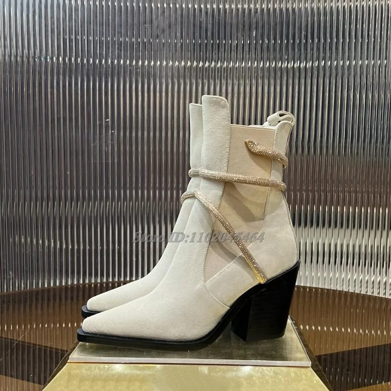 Cow Suede Crystal Sneak Warp Ankle Boots Women's 2025 New in Chunky Heel Pull on Booties Luxury Designer Elegant Brand Shoes