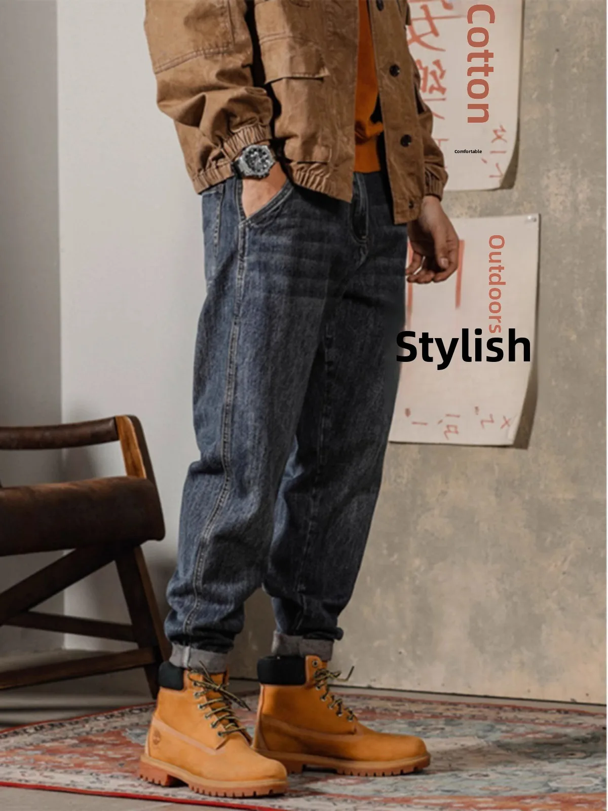 

Мужские джинсы свободного прямого кроя в американском рабочем стиле, больших размеров, утепленные, ретро, весна-осень, новые, молодежные, трендовые