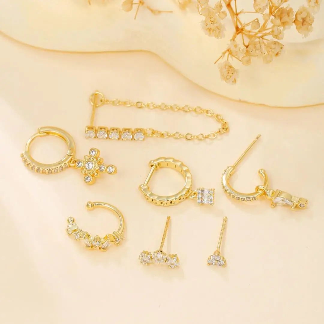 Fashion Women Earring Set Gold Silver Color Zircon Long Piercing Stackable Huggie Hoops Earrings Cross Charm Party Jewelry Gift