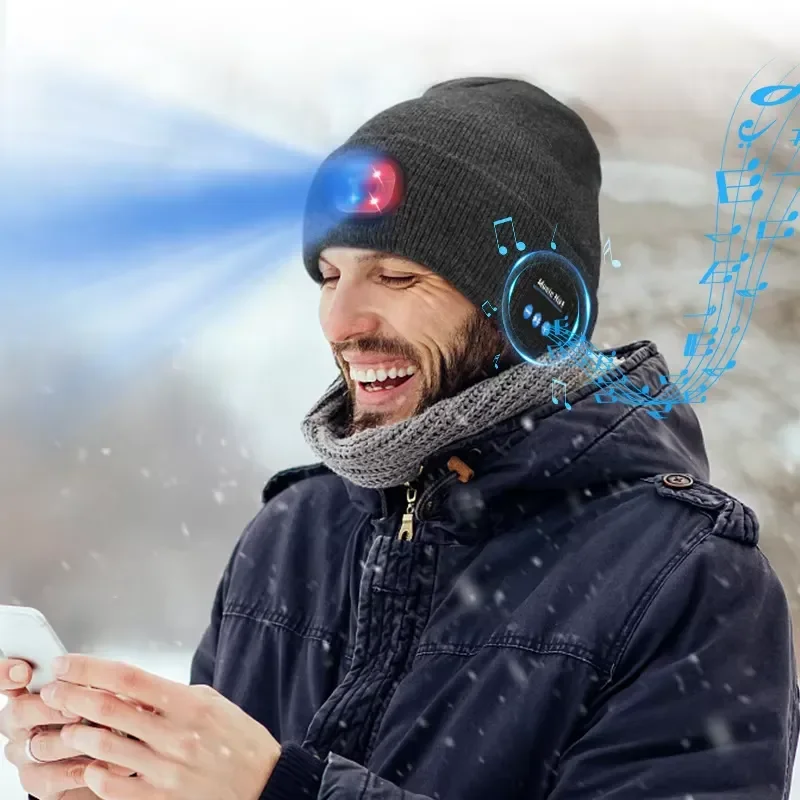 BOLRZO Waterproof three-dimensional music LED light luminous knitted hat outdoor Christmas hat