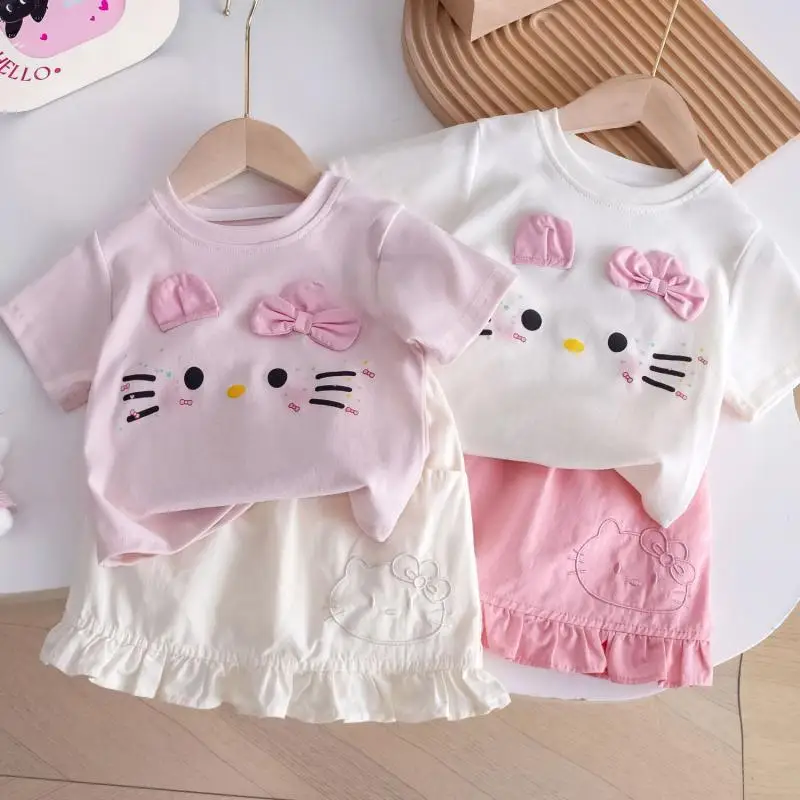 

Hello Kitty Children Summer T-shirt Skirt Sanrio Girl Cartoon Cotton Short Sleeve Kawaii Leisure Fashion Summer Clothes New HOT