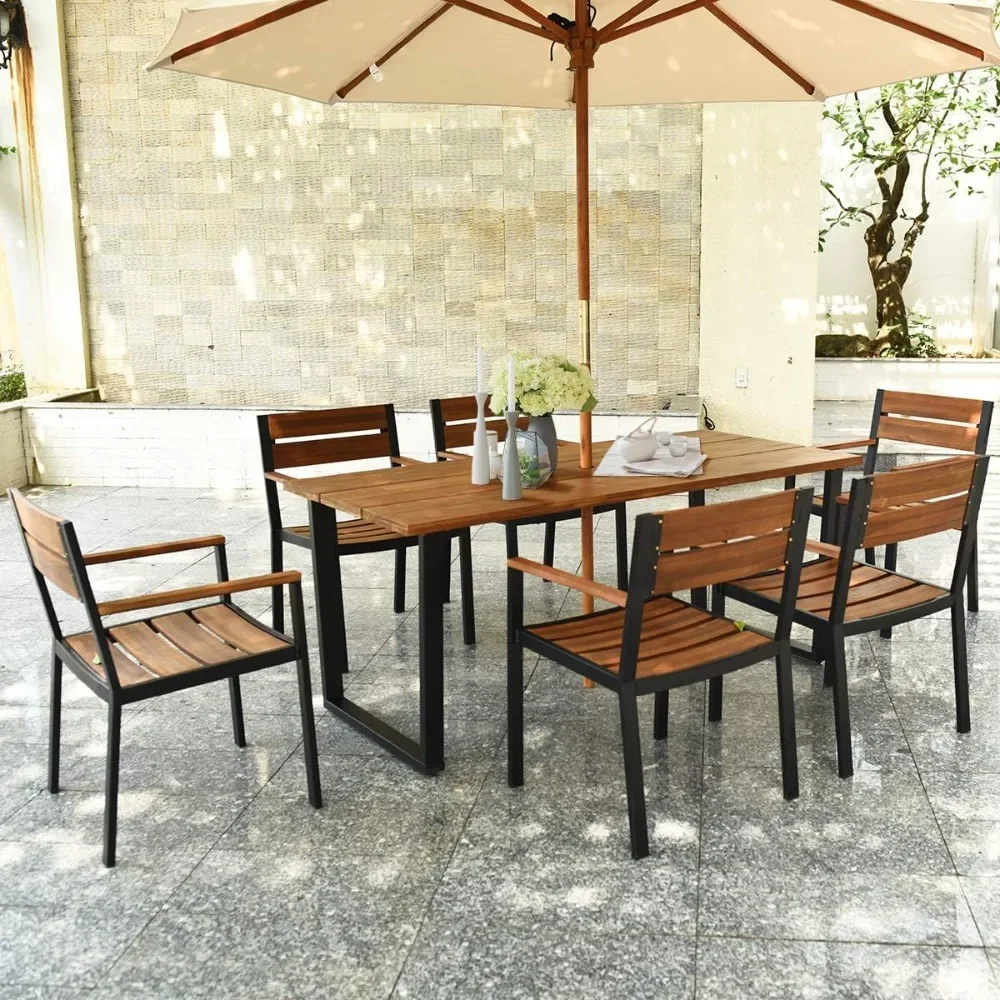 

7 Pieces Patio Dining Set with Umbrella Hole, 6 Heavy Duty Acacia Armrest Chairs and Rectangle Table Set