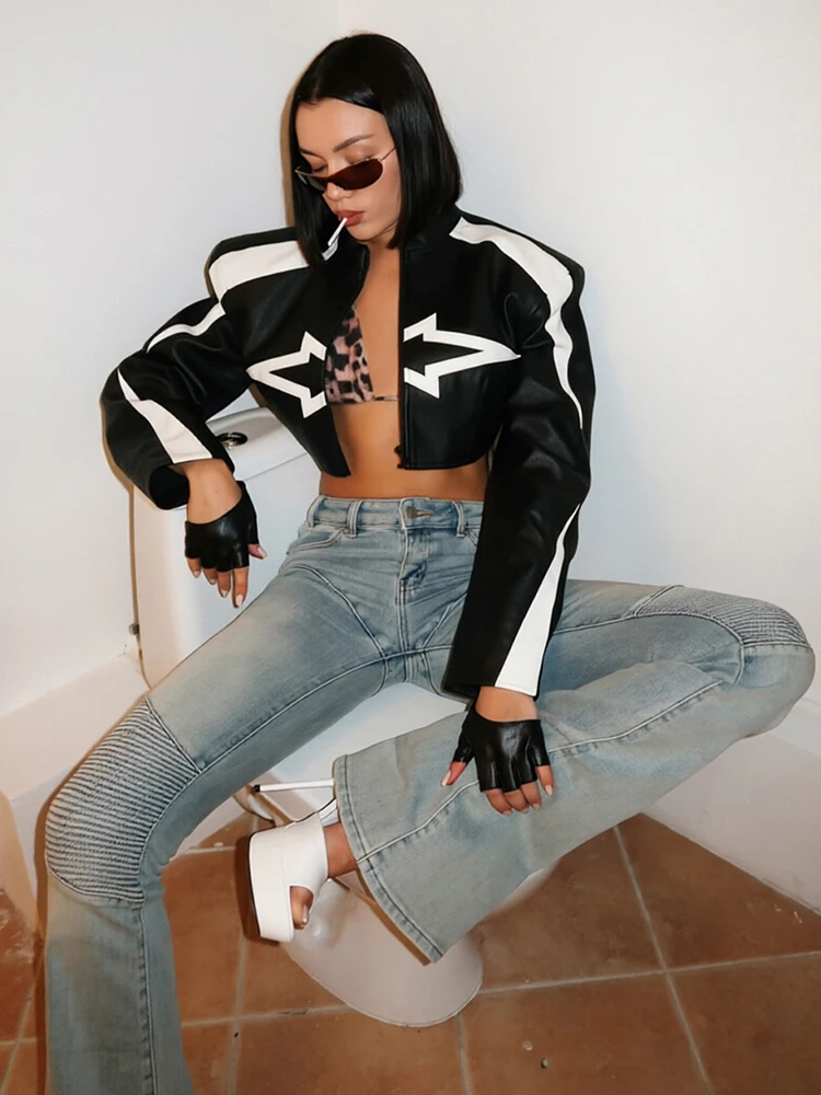 Kliou High Street Style PU Leather Crop Coats Woman Autumn Trend Contrast Patchwork Zip Stand Collar Full Sleeve Classic Jackets
