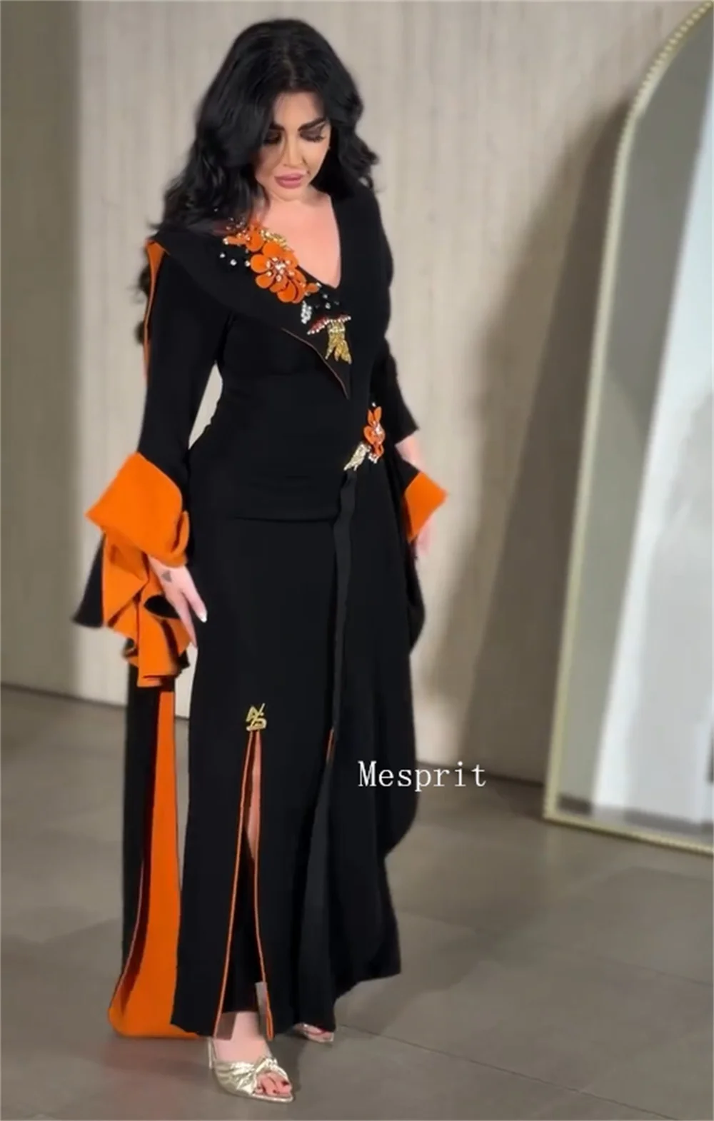 Customized Classic Jersey Pleat Sequined Flower A-line V-neck Long Bespoke Occasion Party Dresses High Quality view 2