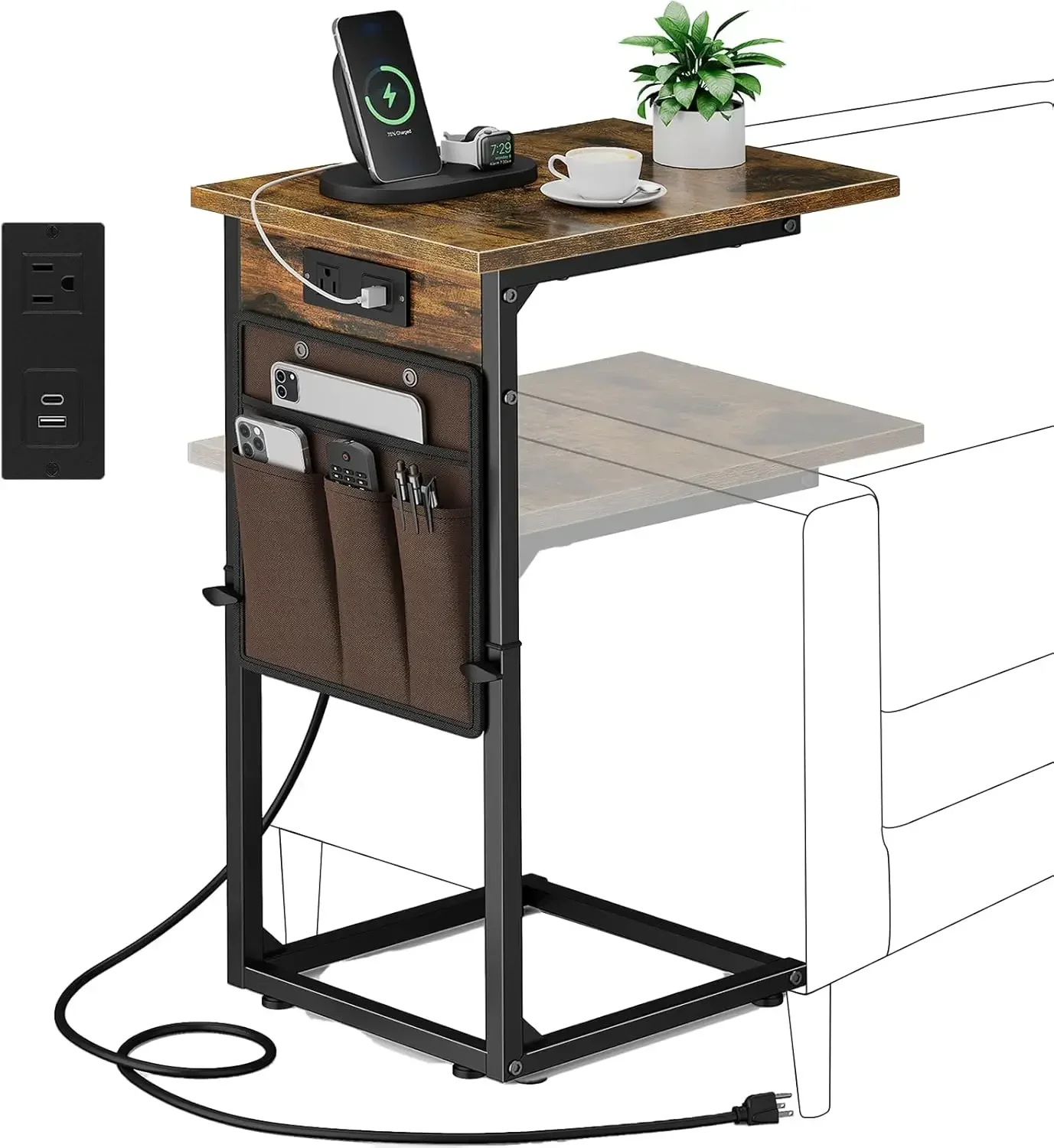 

C Shaped End Table with Charging Station, Adjustable Height Side Table for Couch, Small Sofa Table with Storage Bag, Slide Under