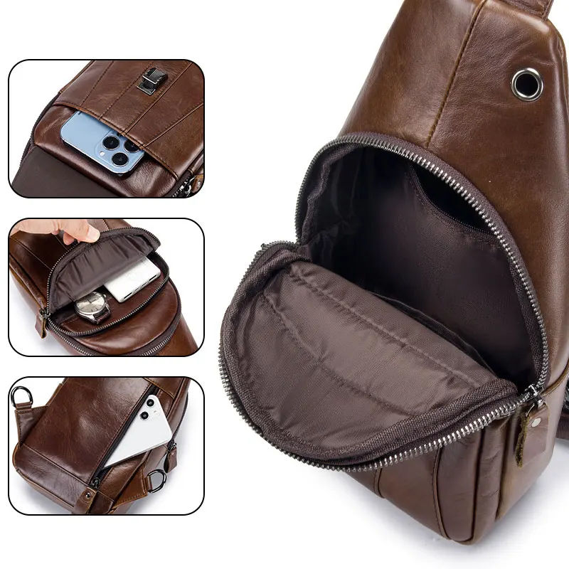 SCHLATUM 100% Cowhide Leather Casual Fashion Crossbody Chest Bag Men's Genuine Leather Shoulder Multifunctional Mobile Phone Bag