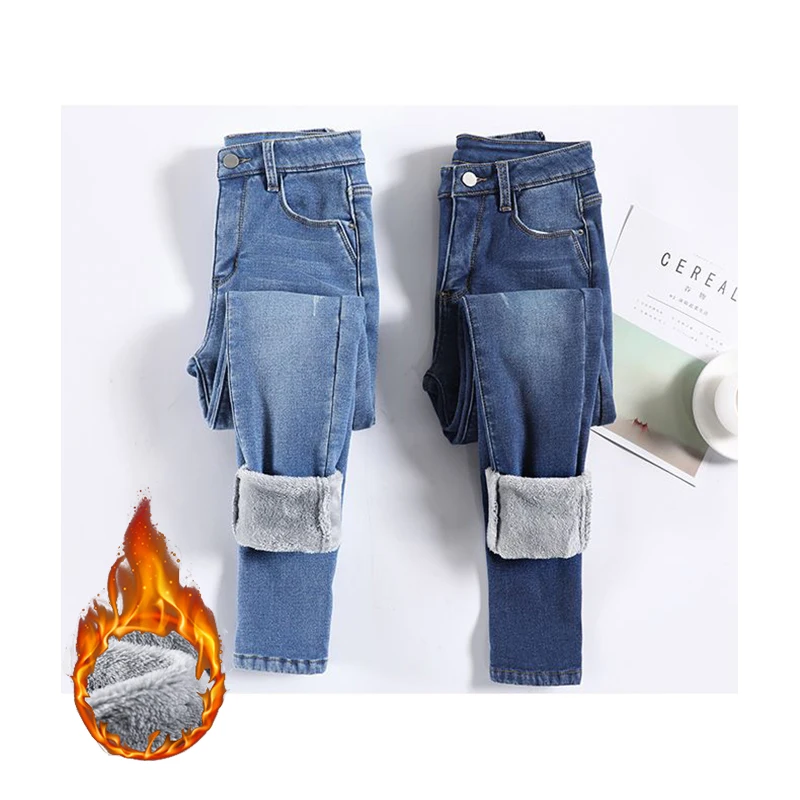Lady Winter Fleece Thermal Jeans Female Snow Warm Skinny Thin Denim Pants Women Classic Narrow Straight Leg Plush Trousers