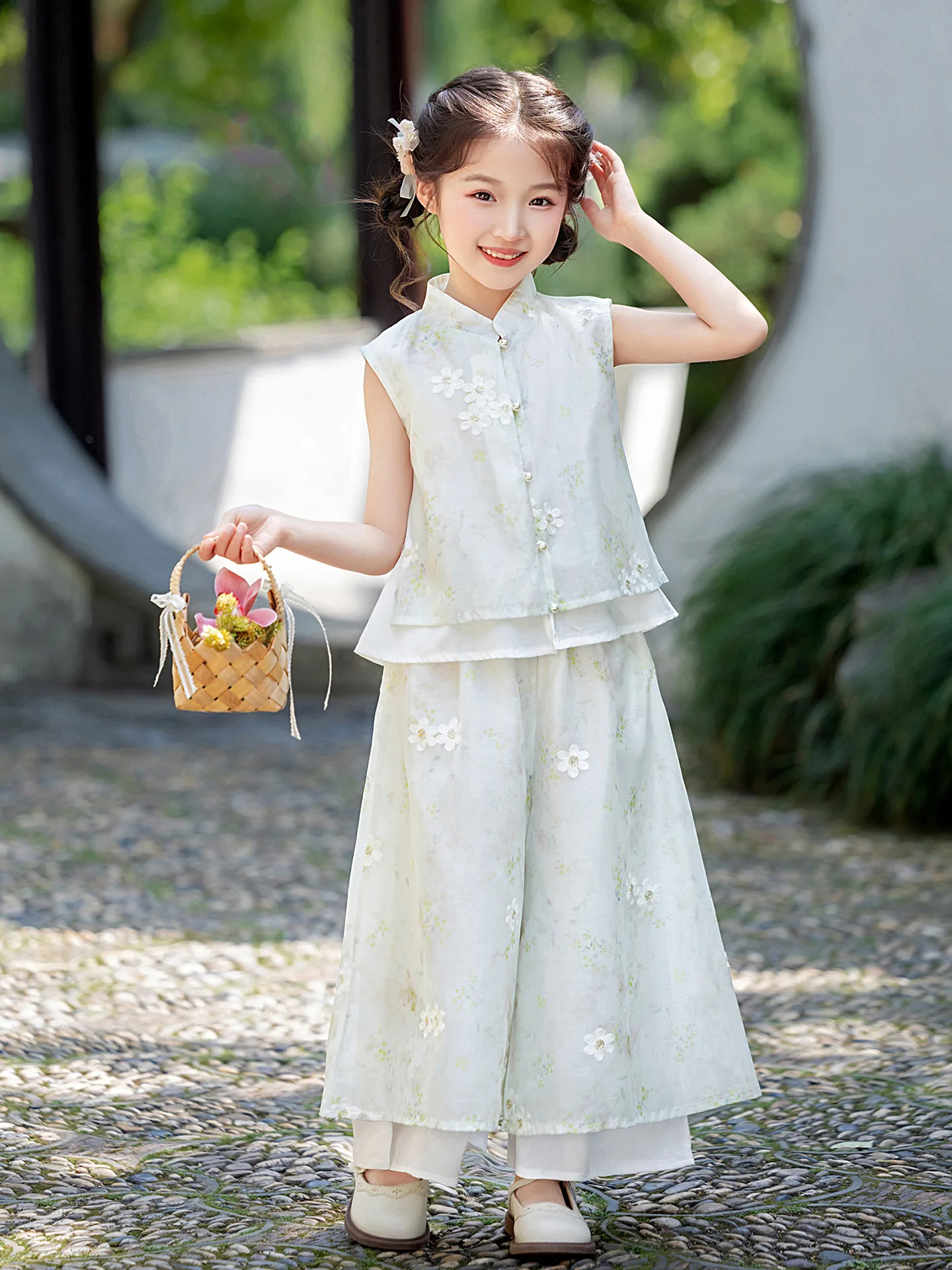 new-chinese-style-white-children's-summer-performance-clothes-art-exam-outfit-girls'-skirt-suit-children's-show