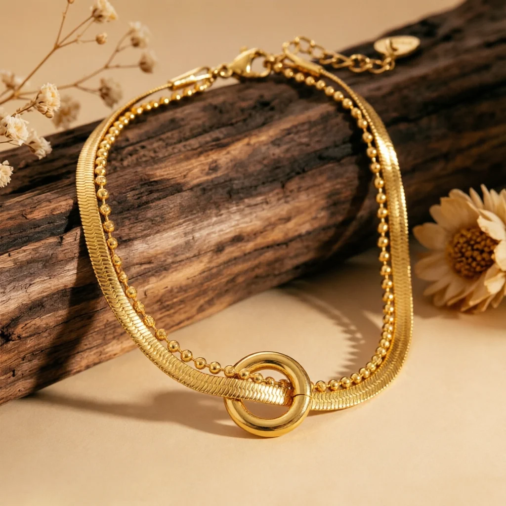 Rundes Charm-Armband aus Edelstahl, doppellagige Klingen- und Perlenkette, modischer, minimalistischer, vielseitiger Schmuck für den Alltag.