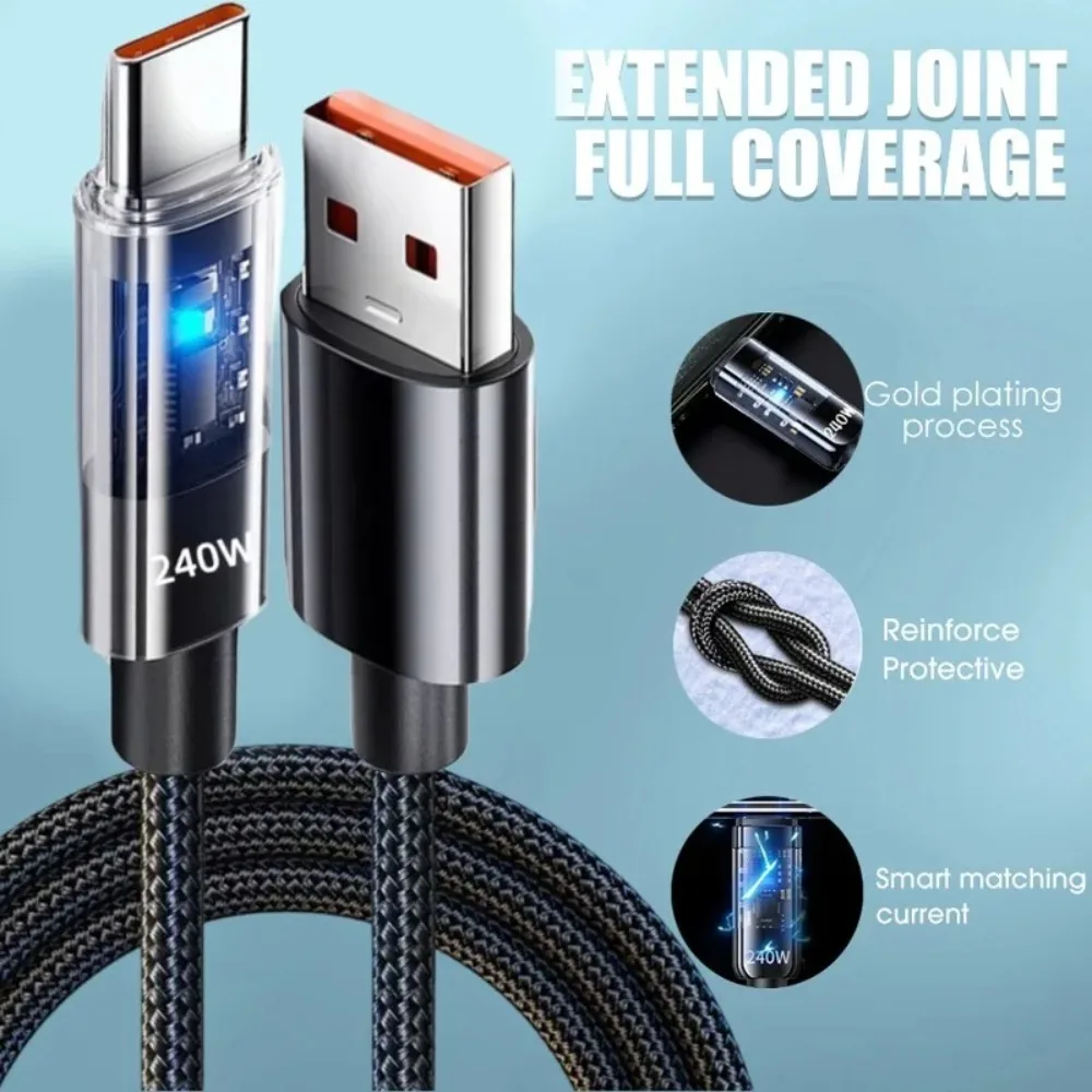 240W Nylon USB Type C Super Fast Charging Cable for Samsung Xiaomi Huawei LED Digital Display USB C Charger Data Cord 1/1.5/2M