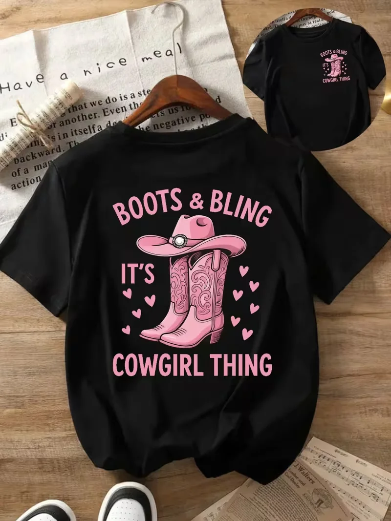 Boots & Bling Cowgirl Print T-shirt Crew Neck Short Sleeve Western Graphic Tee Ideal For Summer Casual Daily Street Outfit