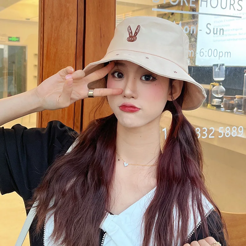 Cute New Embroidered Big Head Bucket Hat Female Casual Fashionable Style Face-Looking Little Rabbit Year Student Fa