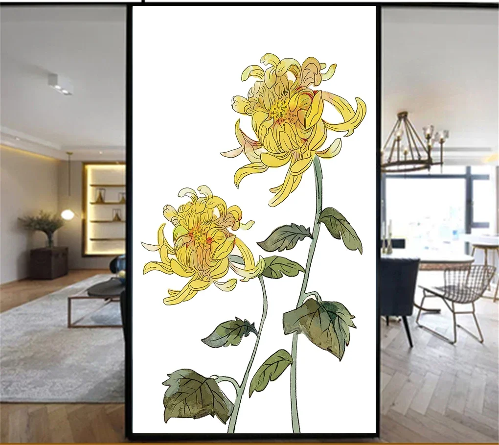 Static Cling Privacy Window Film Decorative Yellow Flower Window Coverings Glass Window Sticker