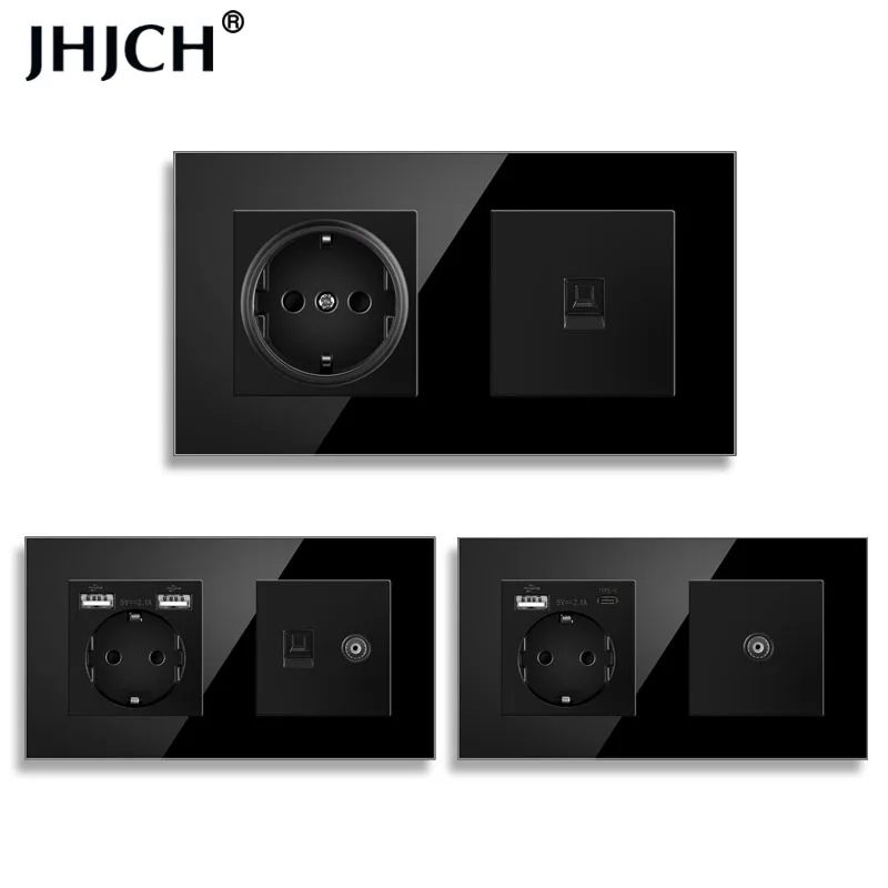 Jhjch EU standard wall socket + telephone TV, tempered glass black rj45 cat6 wall socket + computer internet socket 146*86mm