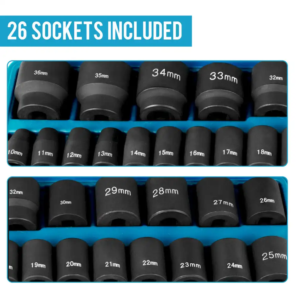 

Impact Socket Set 1/2 Inches 26 Piece Impact Sockets, Shallow Socket, 6-Point Sockets, Rugged Construction, CR-V, 1/2 Inches Dri
