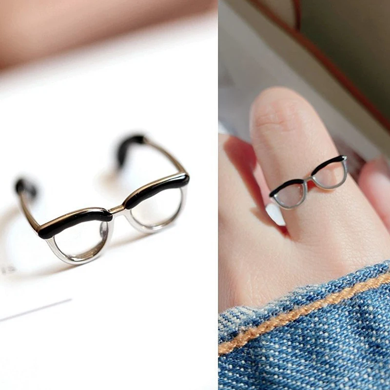 Personality Niche Cute Small Eyeglasses Open Ring For Women Men Funny Retro Adjustable Mini Eyewear Finger Rings Jewelry