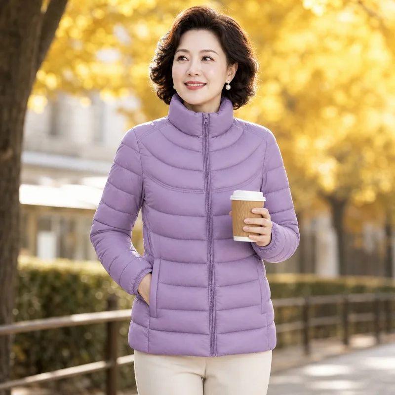2026 Lightweight Down Cotton-padded Jacket Middle-age Women Short Coat Autumn Winter Stand-up Collar Tops Quilted Warm Outerwear